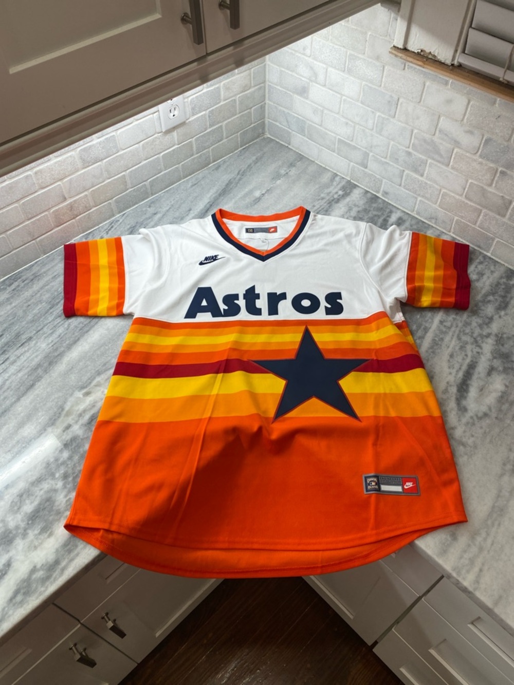 Nike Mens Astros Retro Stripe Jersey - White, Orange & Navy